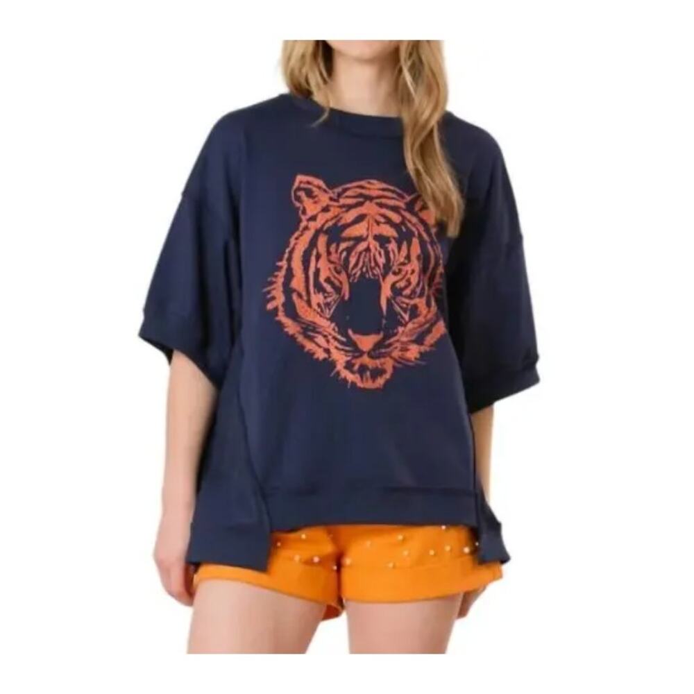 Fantastic Fawn M Tiger Head Navy Orange Rhinestone Oversized Short Sleeve Top